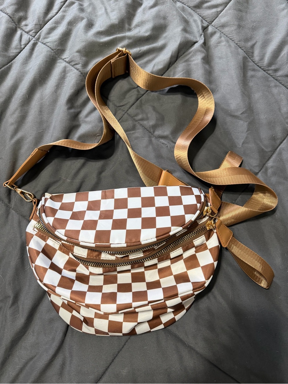 Brown & White Checkered Crossbody Belt Bag